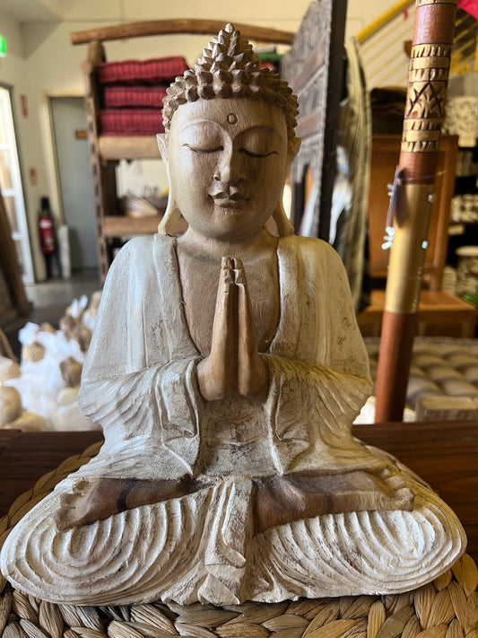 Buddha Wood  Praying hand carved 30cm White robes