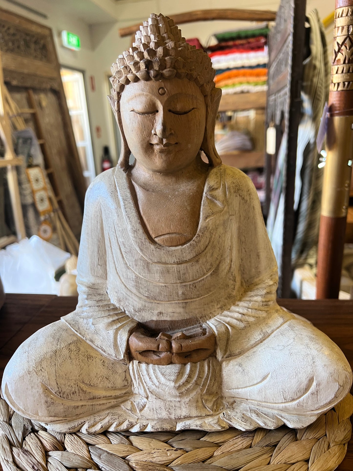 Buddha Wood  Meditating hand carved 30cm White robes