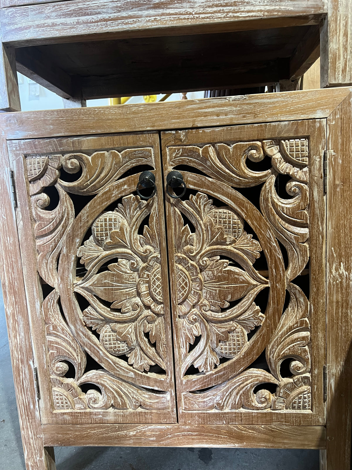 Bedside cabinet Teak Hand carved  Creamwash 2 carved doors