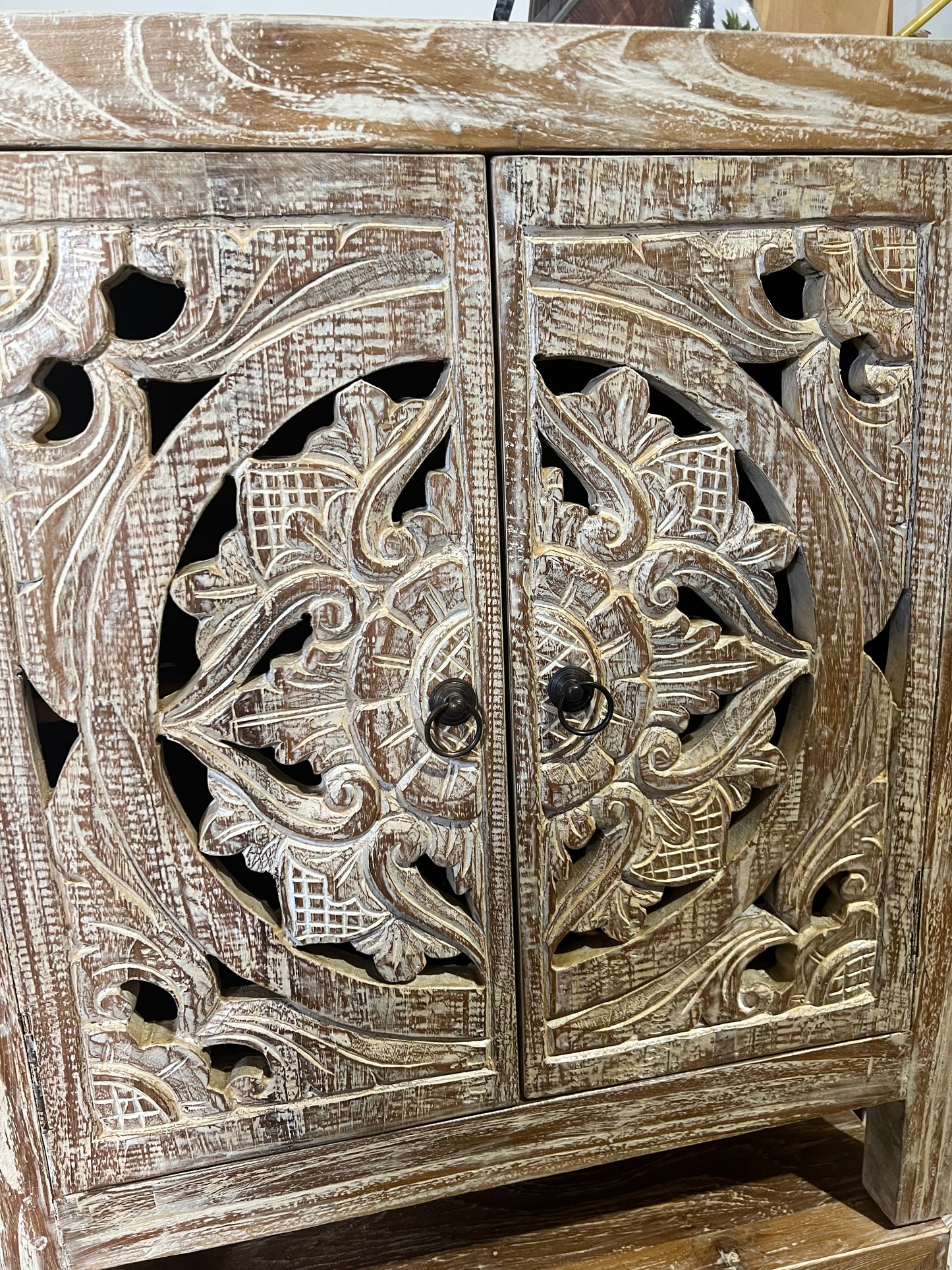 Bedside cabinet Teak Hand carved  Creamwash 2 carved doors
