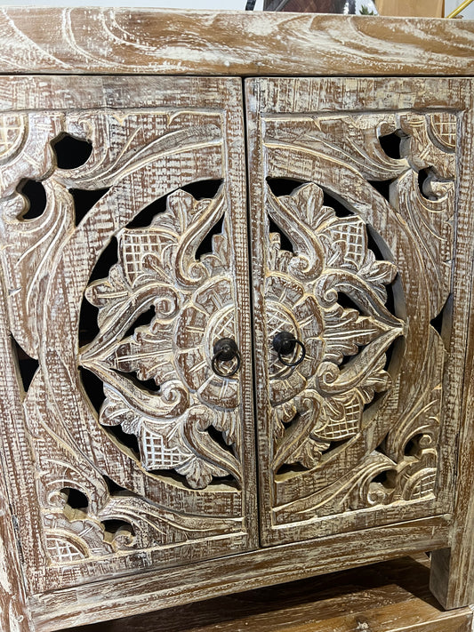 Bedside cabinet Teak Hand carved  Creamwash 2 carved doors