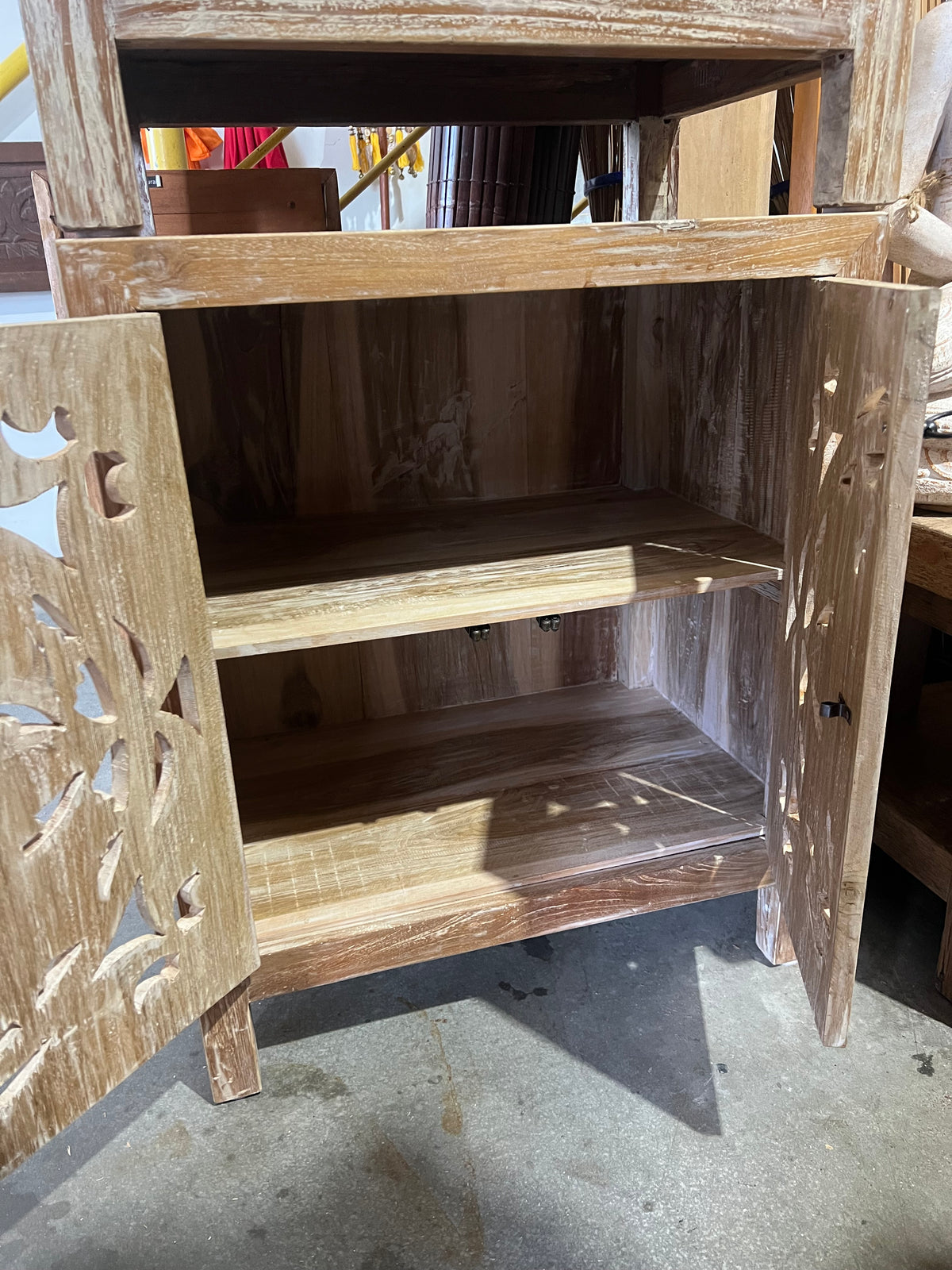 Bedside cabinet Teak Hand carved  Creamwash 2 carved doors