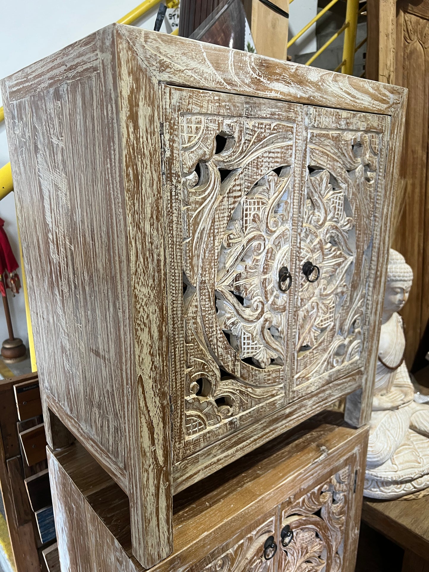 Bedside cabinet Teak Hand carved  Creamwash 2 carved doors