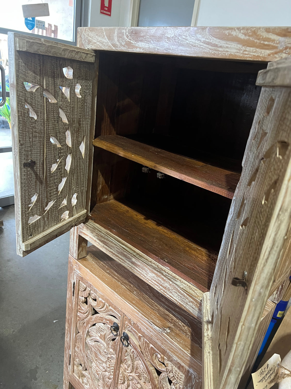 Bedside cabinet Teak Hand carved  Creamwash 2 carved doors