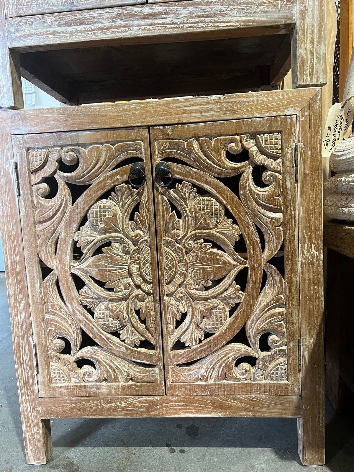 Bedside cabinet Teak Hand carved  Creamwash 2 carved doors