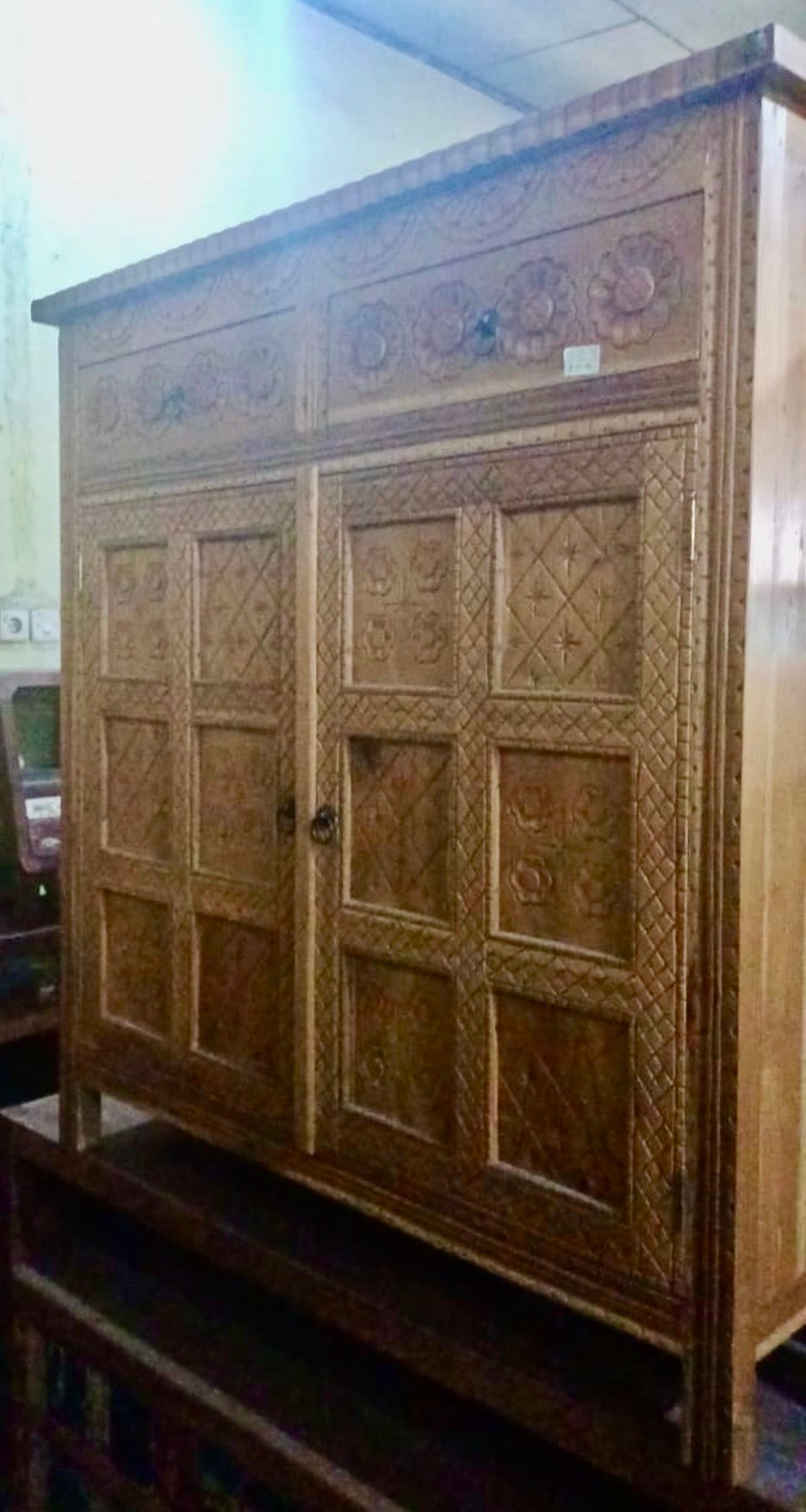 Mas Recycled Teakwood  carved Sideboard / Cabinet with 2 drawer 2  doors 120cm height