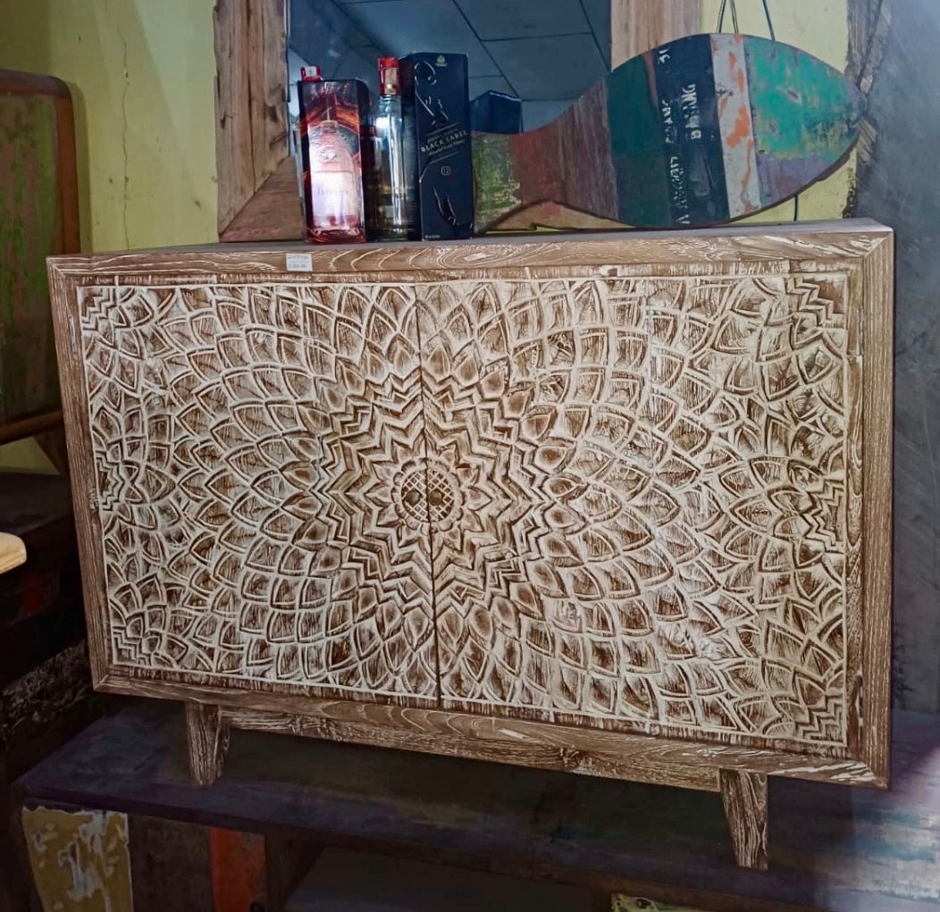 Mas Sideboard/cabinet recycled teakwood white wash 2 handcarved doors 120cm length