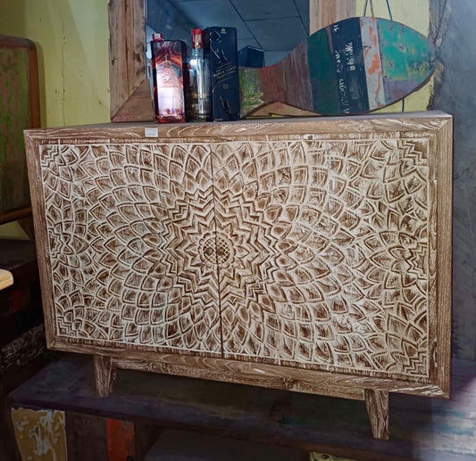 Mas Sideboard/cabinet recycled teakwood white wash 2 handcarved doors 120cm length