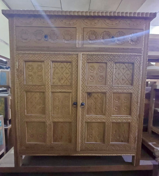 Mas Recycled Teakwood  carved Sideboard / Cabinet with 2 drawer 2  doors 120cm height
