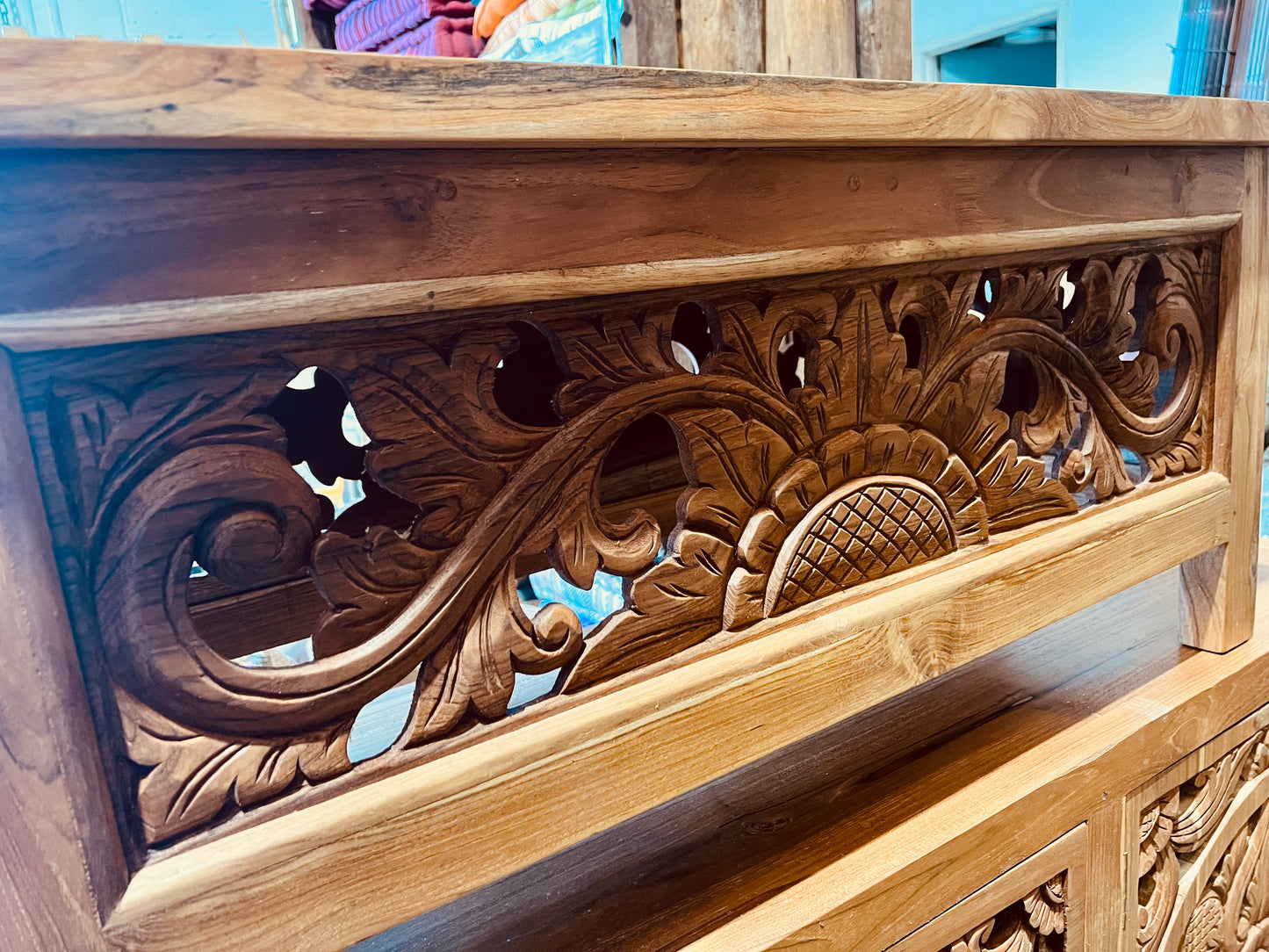 Teak Carved coffee Table 4 side open carving Natural finish