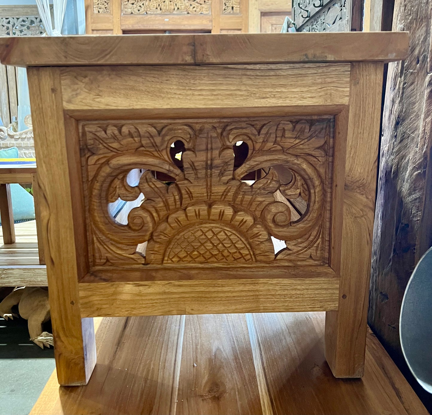 Teak Carved coffee Table 4 side open carving Natural finish