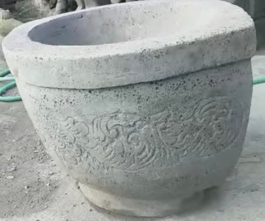Pot carved oval Concrete natural 62cm long