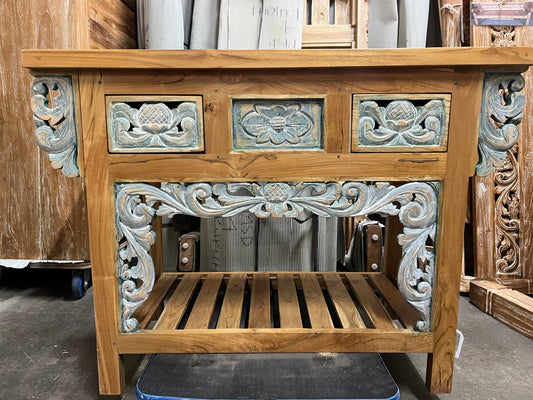 Teakwood (Recycled)  Consul / Hall Table/Vanity 2 drawers/shelf Natural Hand Carved ) carving painted