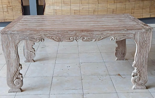 Andong white wash Handcarved Recycled Teak carved Dining table