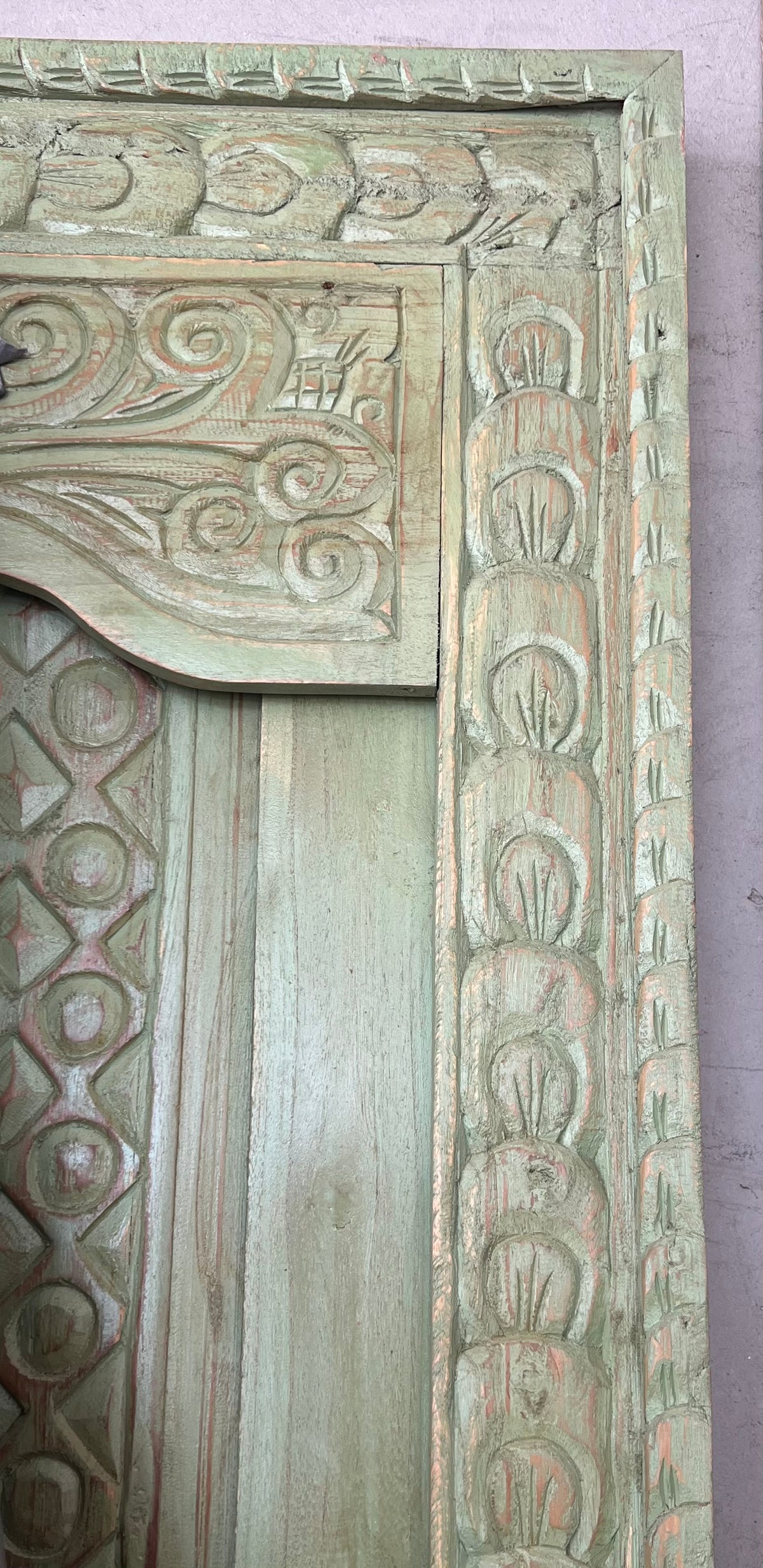 Indonesian Teak fully carved painted Temple style door with carved frame. Sage colour