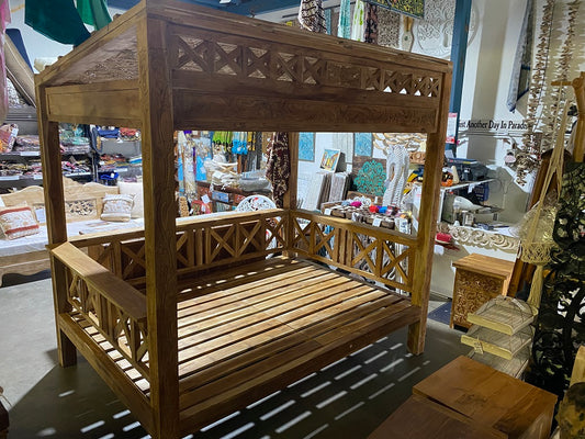 Recycled Teak Gazebo/Canopy Double Daybed with handcarved panels and Natural woven Bedeg mat ceiling