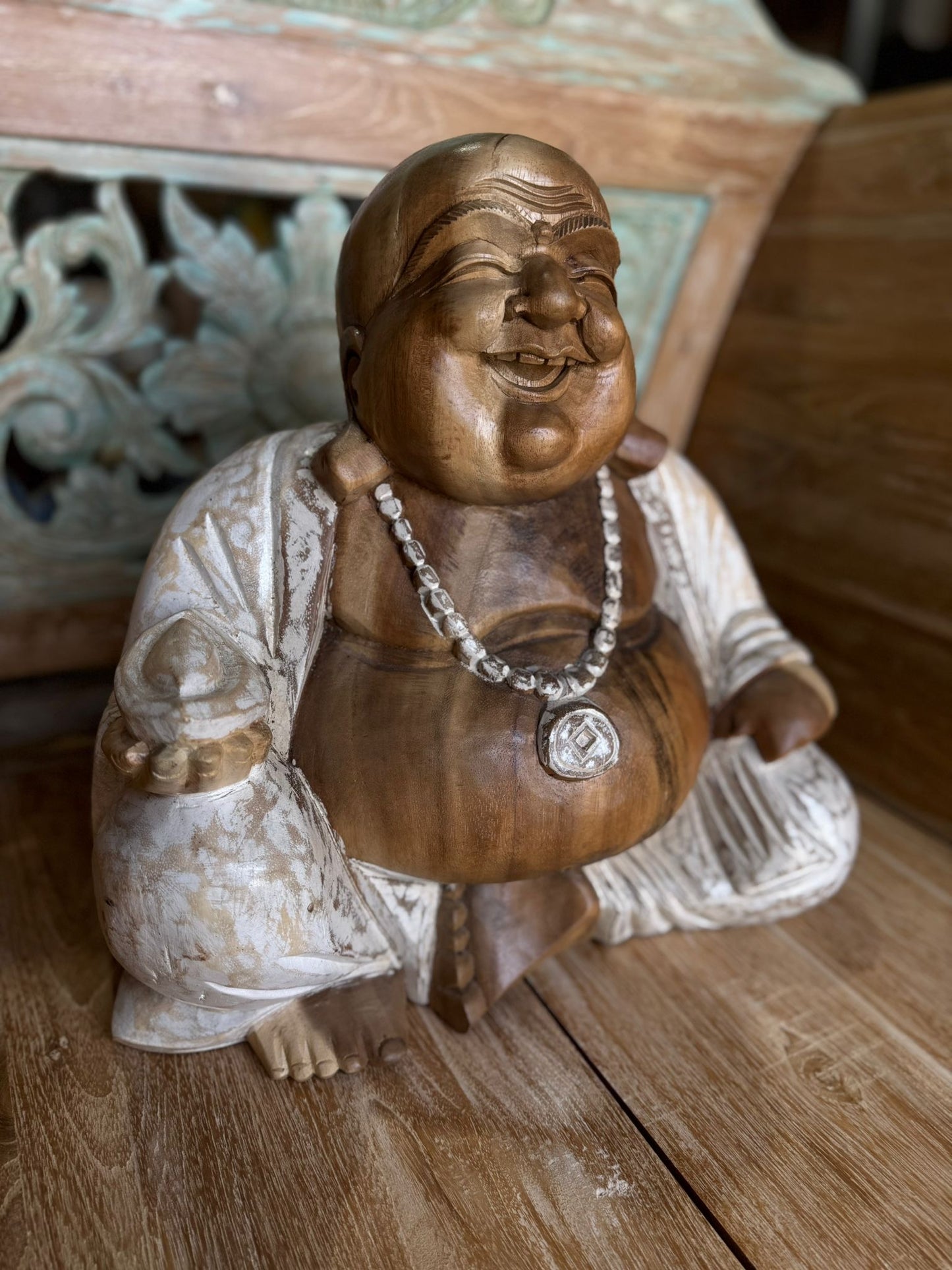 Buddha Happy Wooden Hand Carved  30cm (h) white robes