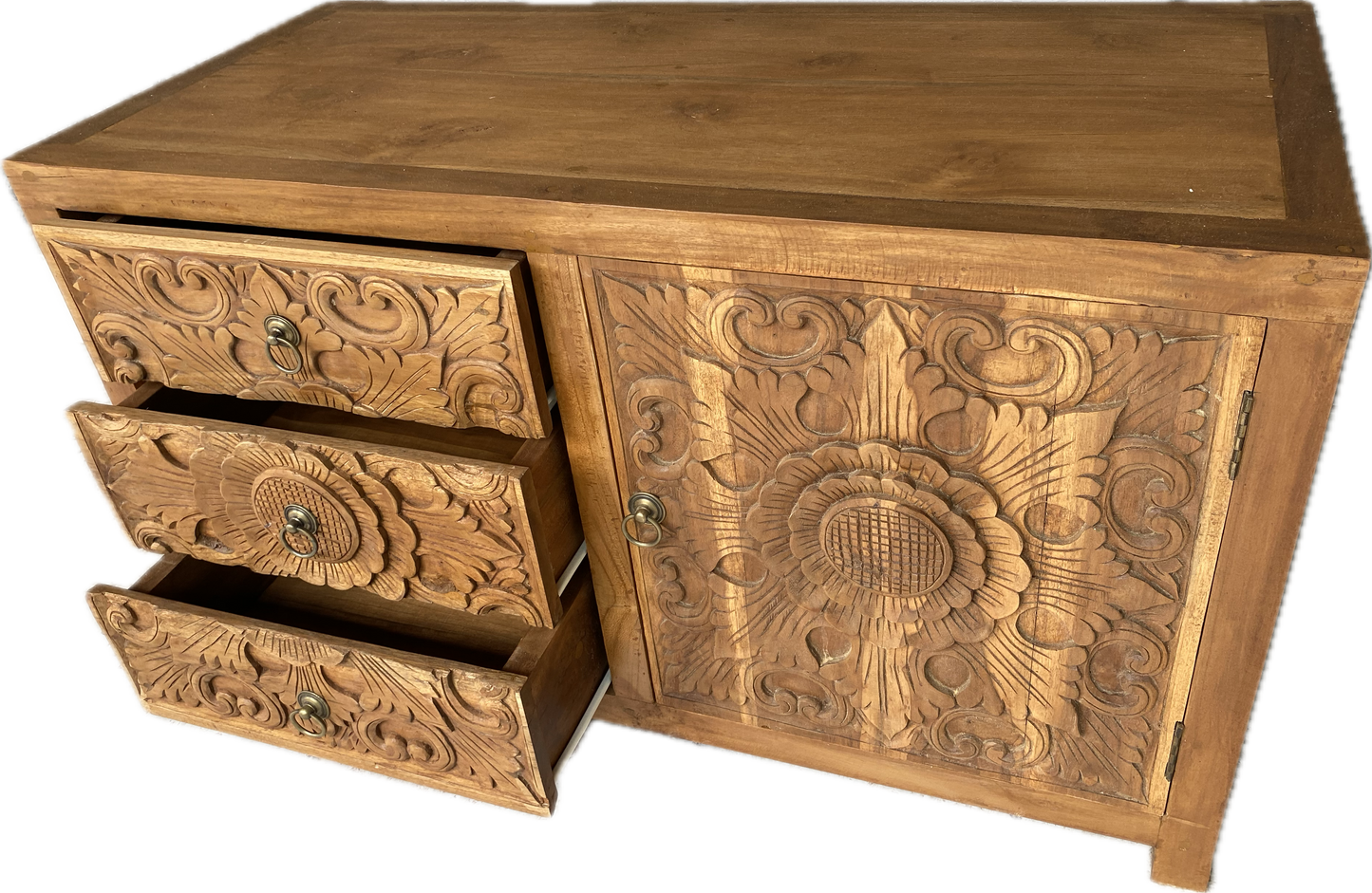 Mas Recycled 1 mtr Teakwood  hand carved Sideboard/cabinet with 3 drawers 1 door Natural