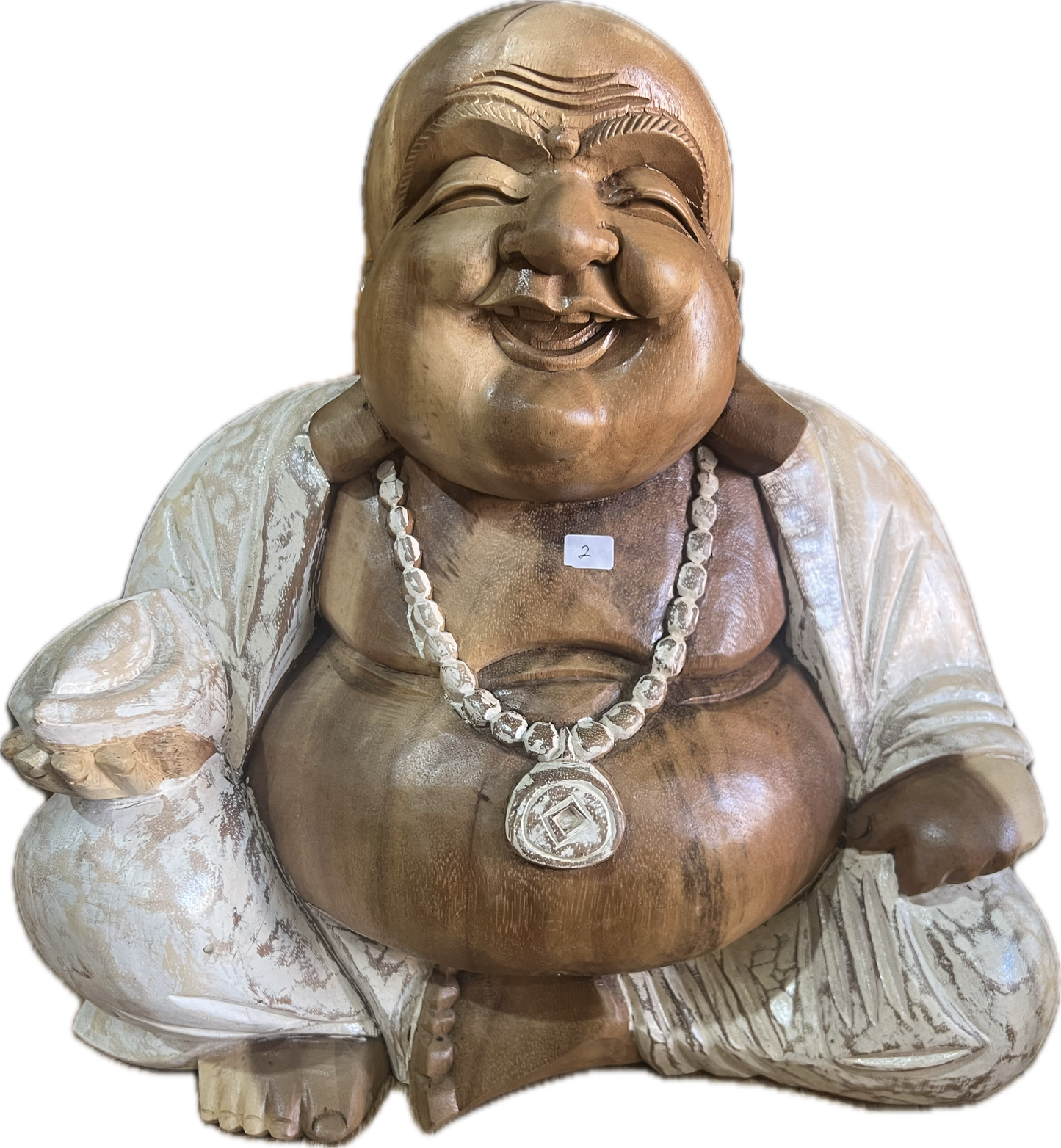 Buddha Happy Wooden Hand Carved  30cm (h) white robes