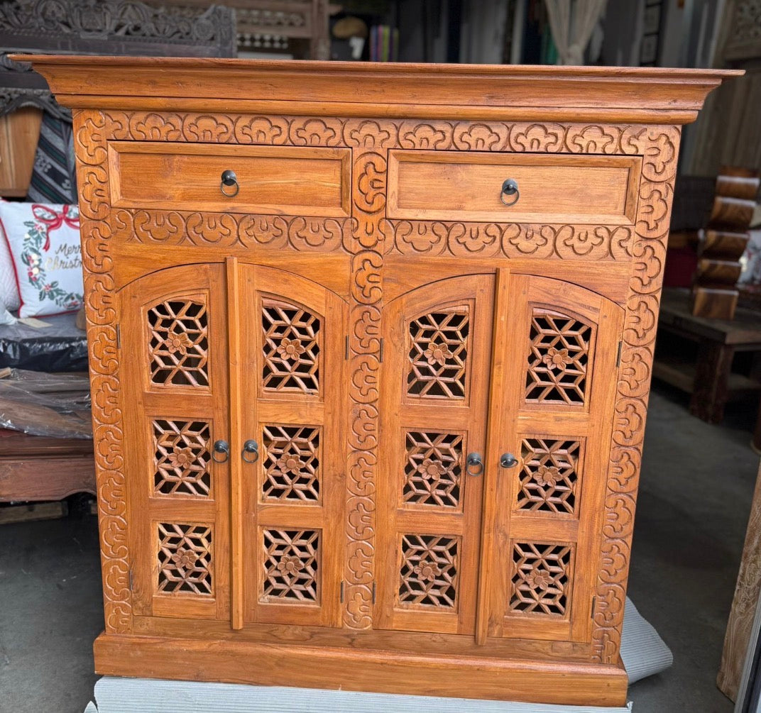 Mas Recycled Teakwood  carved Sideboard / Cabinet with 2 drawer 4 doors 120cm height
