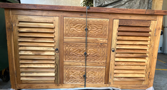 Mas Recycled Teakwood Sideboard / Cabinet with 3 hand carved drawers 2 Louvre doors 150cm length