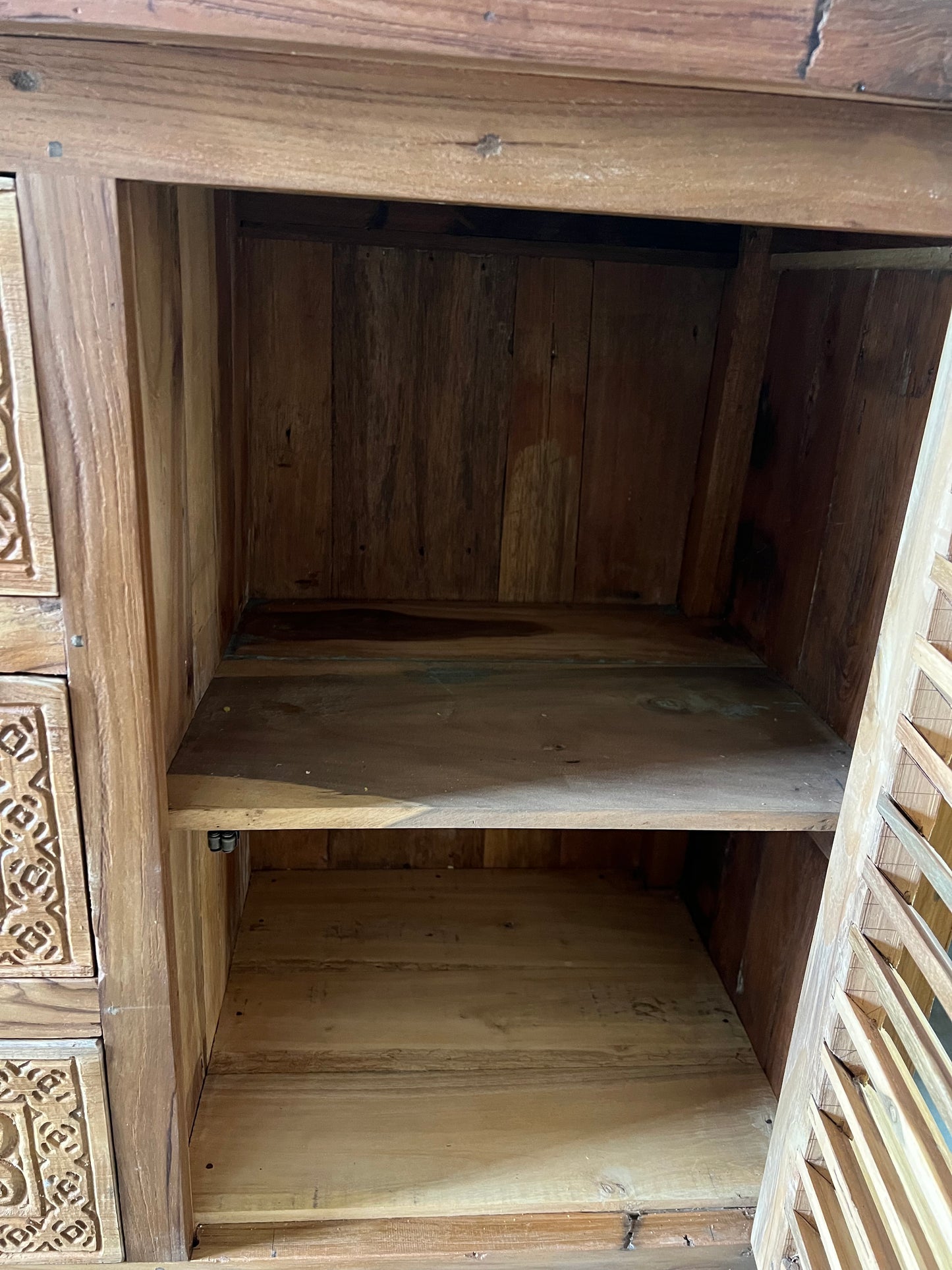 Mas Recycled Teakwood Sideboard / Cabinet with 3 hand carved drawers 2 Louvre doors 150cm length