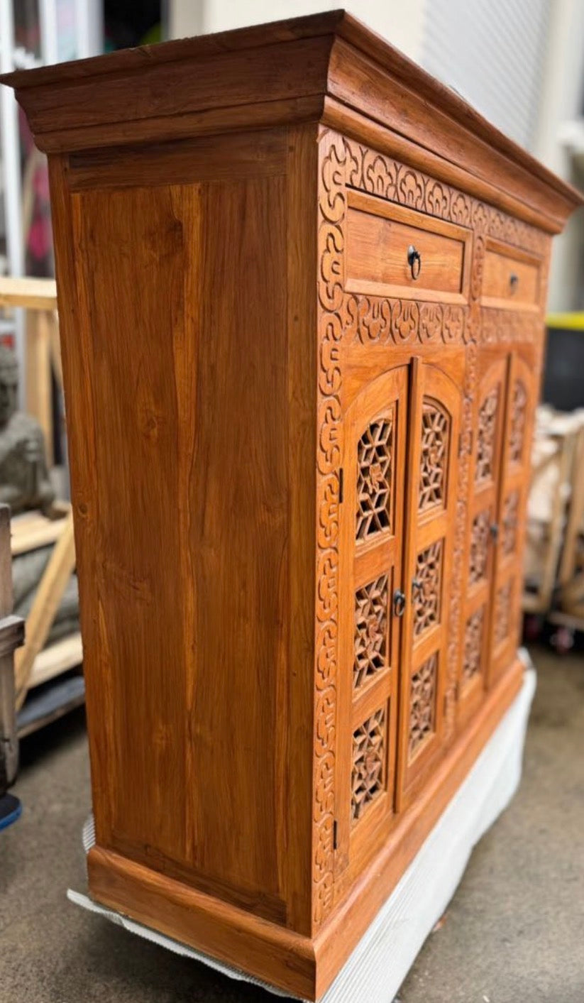 Mas Recycled Teakwood  carved Sideboard / Cabinet with 2 drawer 4 doors 120cm height