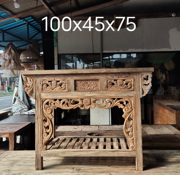 Teakwood (Recycled)  Consul / Hall Table/Vanity 2 drawers/shelf Natural Hand Carved