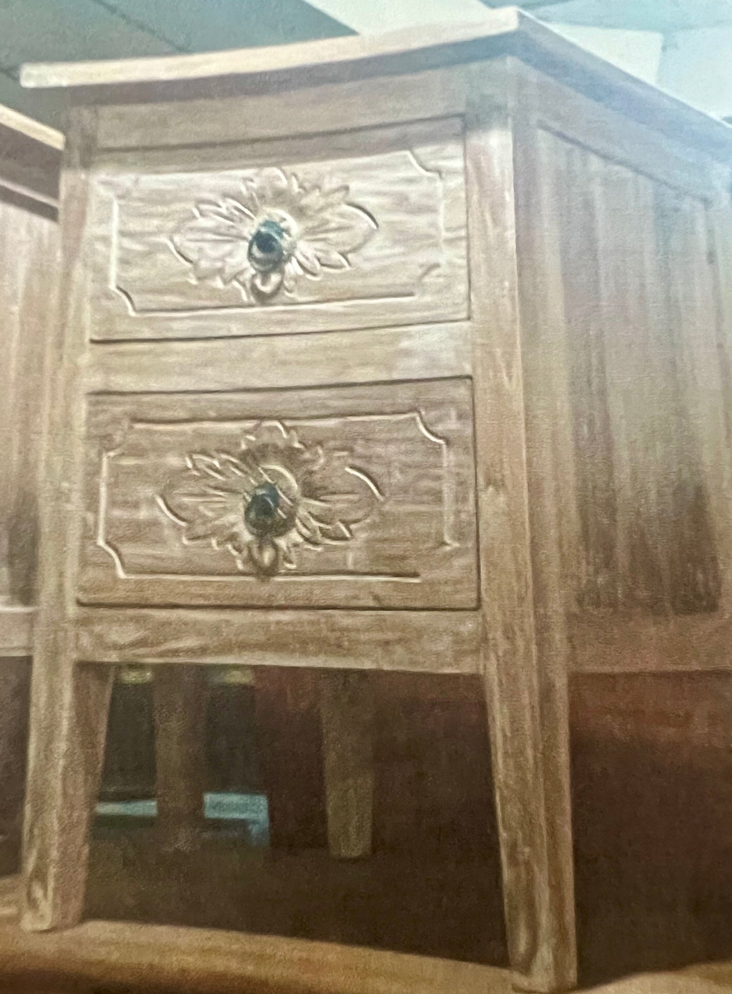 Bedside Cabinet Mas Recycled Teak 2 Hand Carved Drawer Creamwash  60cmht