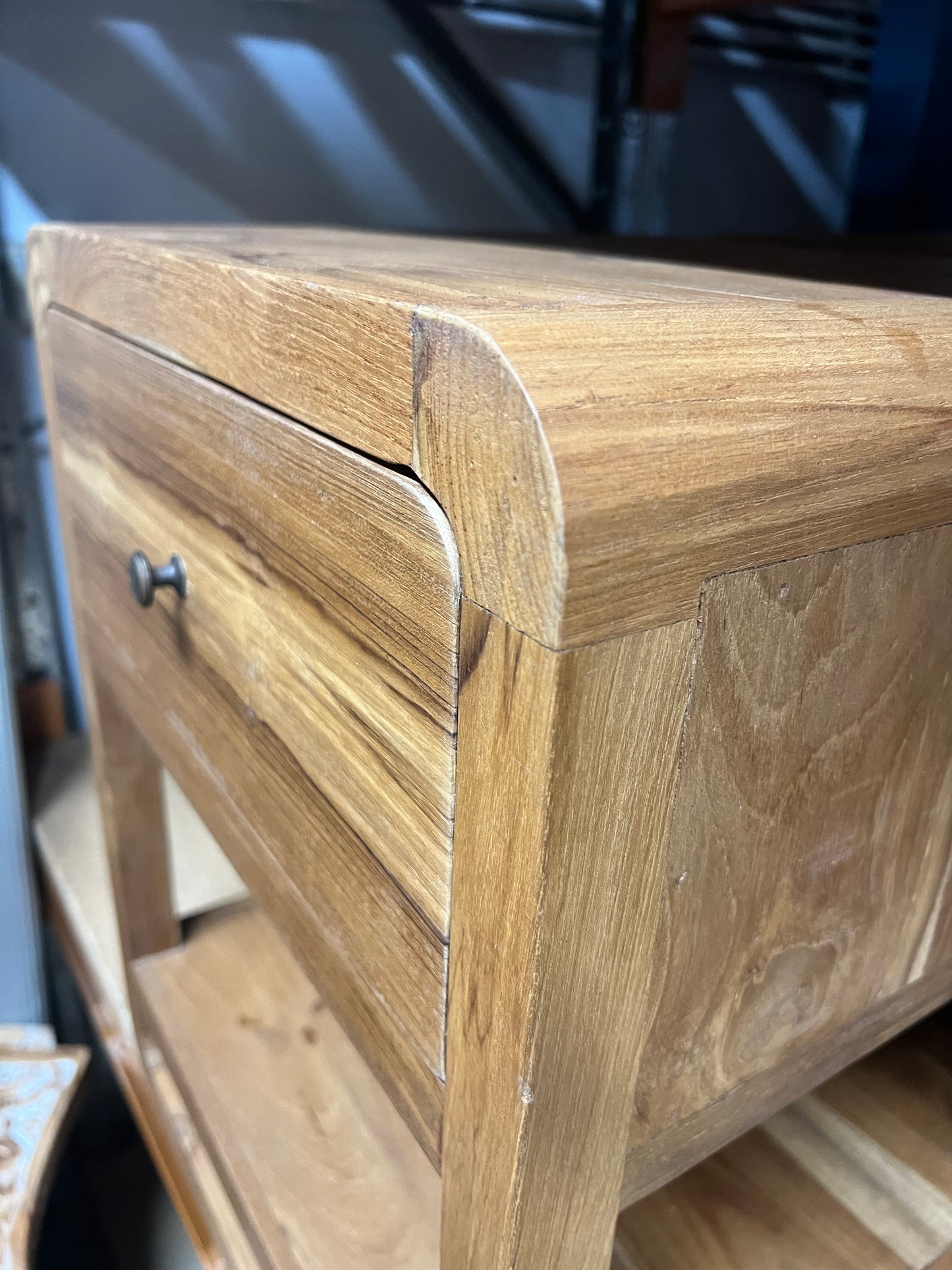 Bedside Recycled Teak Cabinet Drawer and shelf oval corners  Natural finish
