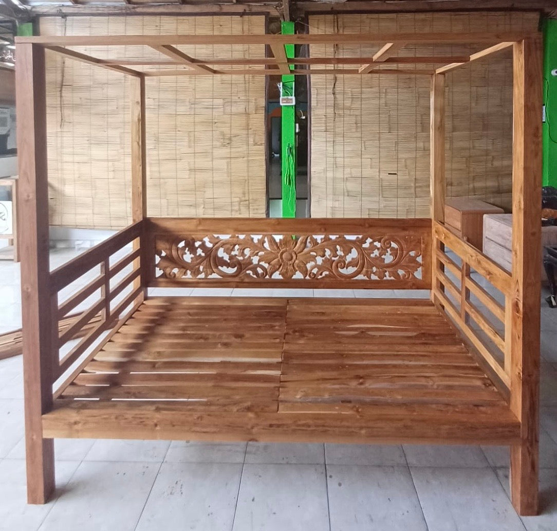 Mas Canopy Daybed with Carved Panel Feature Recycled Teak Double Natural