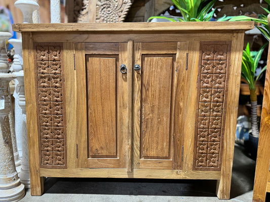 Recycled Teak Cabinet 100cm wide with carved side panels 2 door