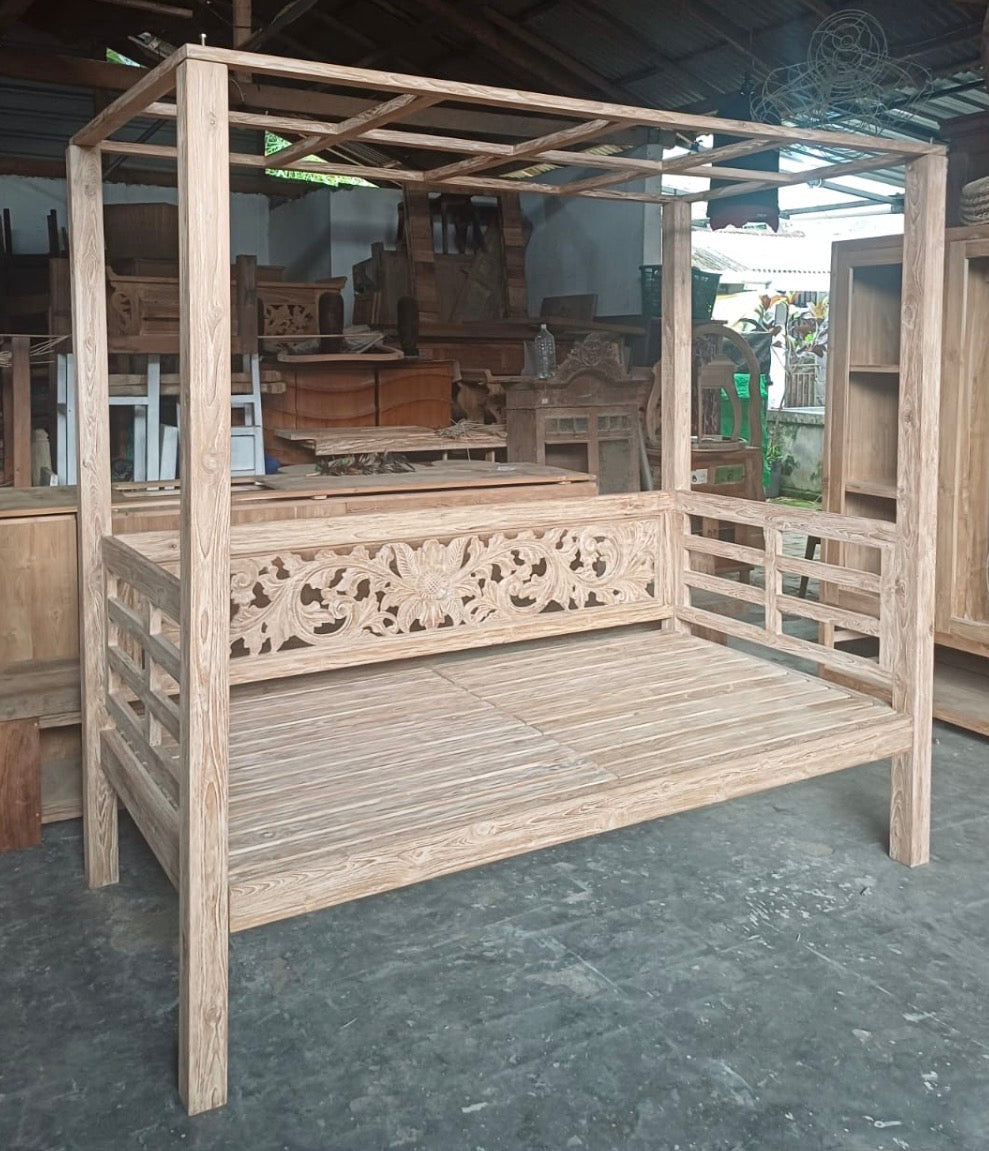 Mas Canopy Recycled Teak Daybed King Single carved panel Creamwash