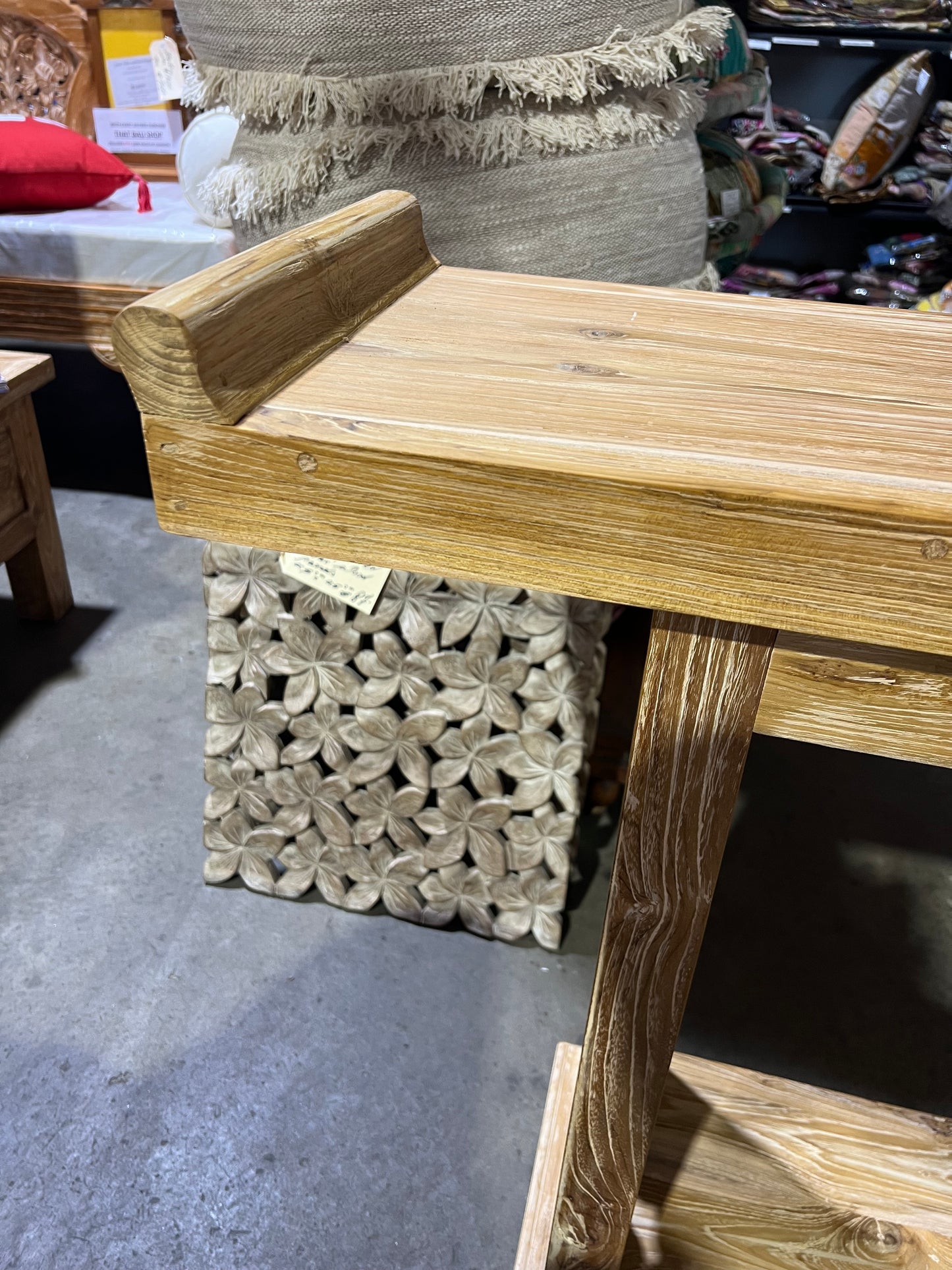 Mas Teak handcarved sides Consul table 100 cm lx 30cm d Creamwash finish