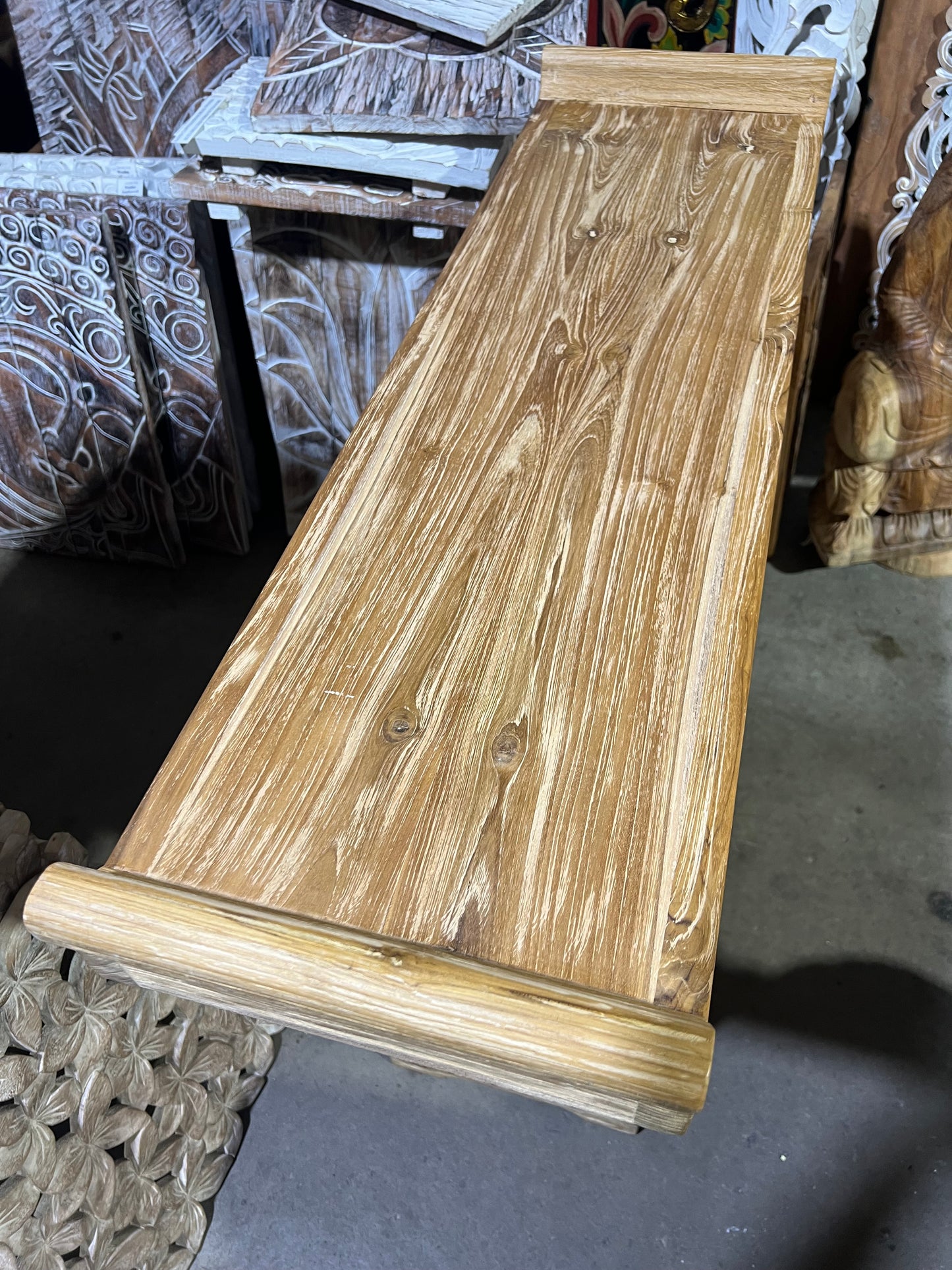 Mas recycled Teak Handcarved Side table /Consul Creamwash 30cm depth 170 cm long