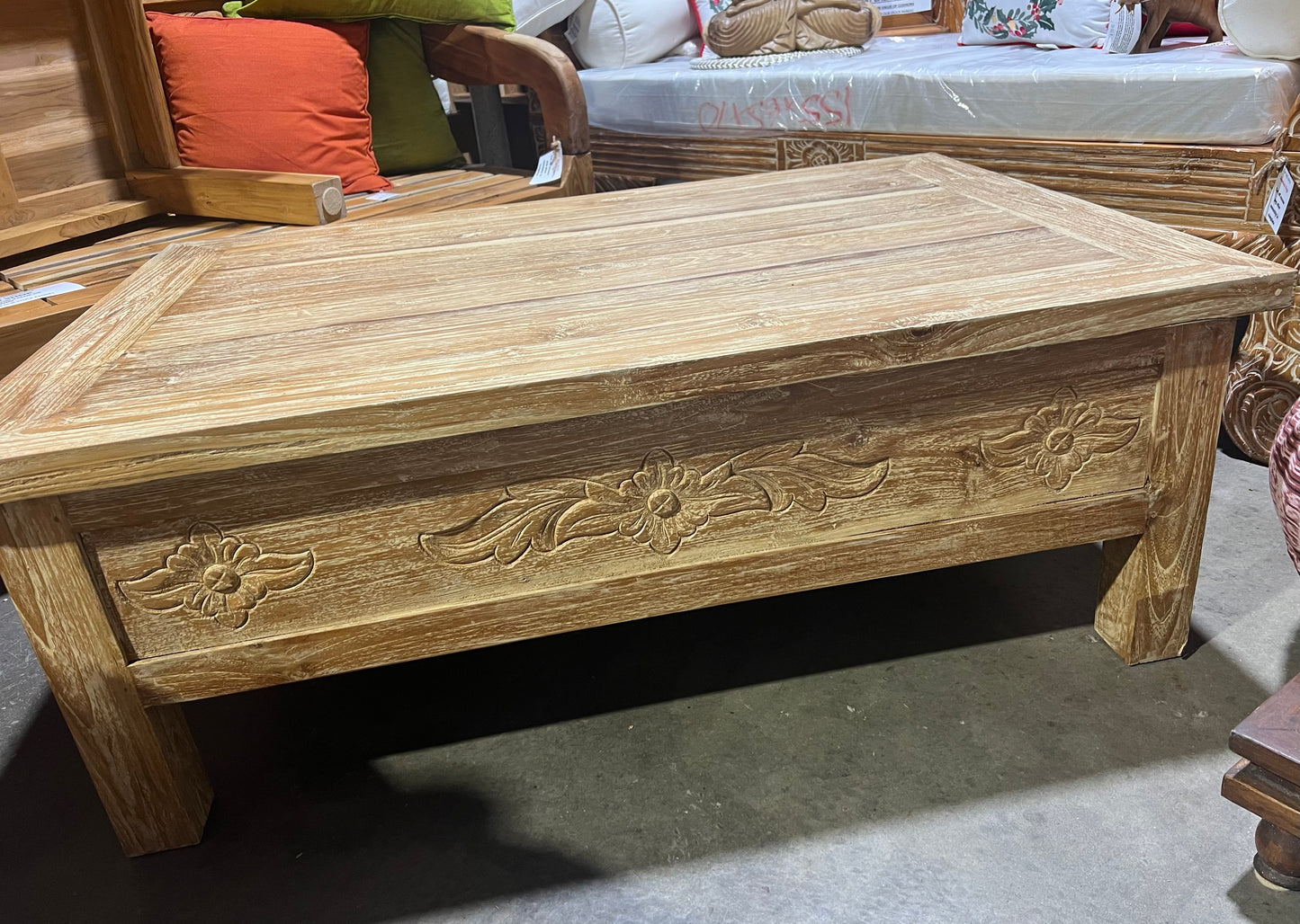 Mas Recycled Teak carved side panels coffee table 115x70x45cmht