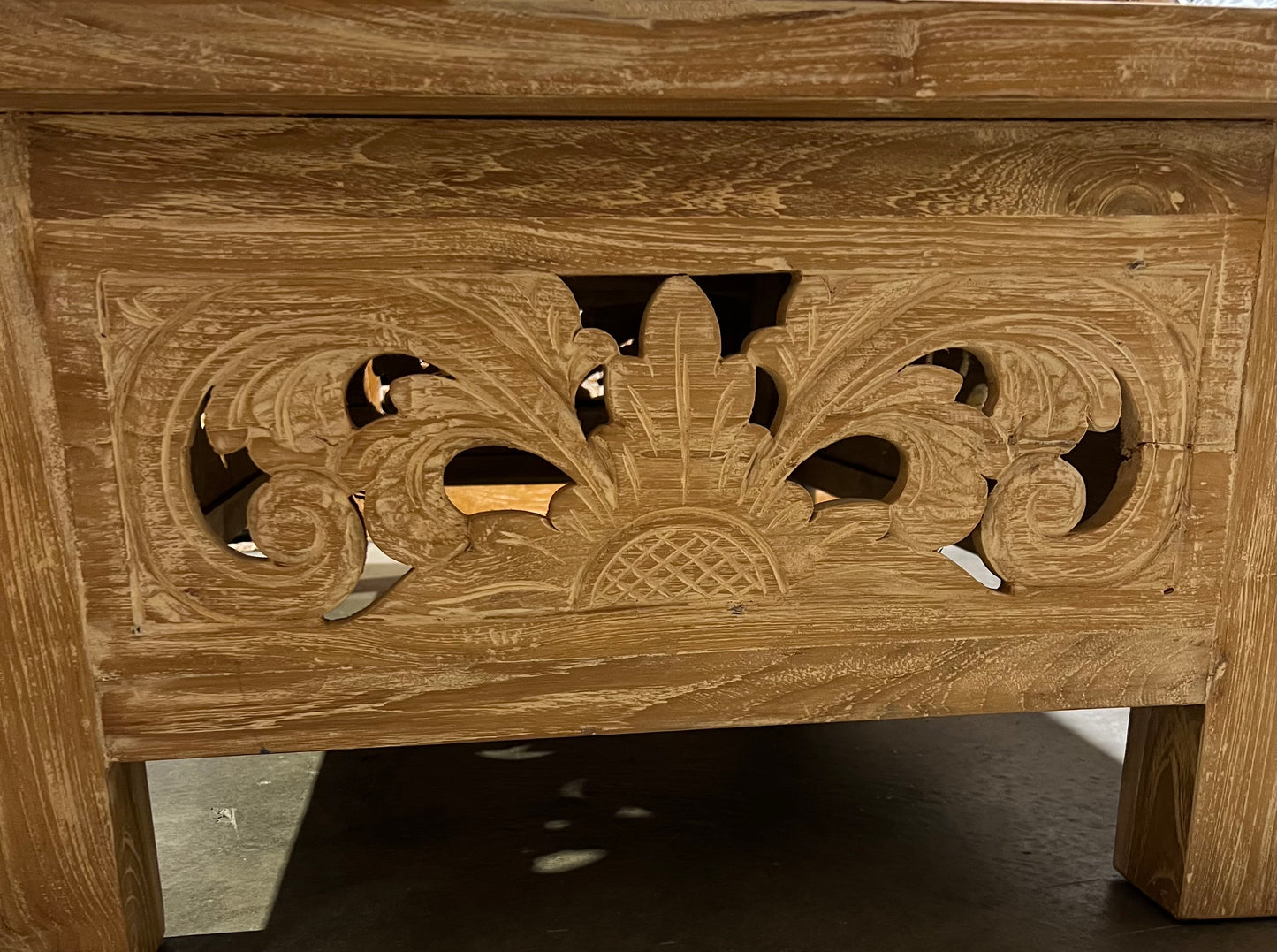 Teak Carved coffee Table Natural cream wash colour detail in carving