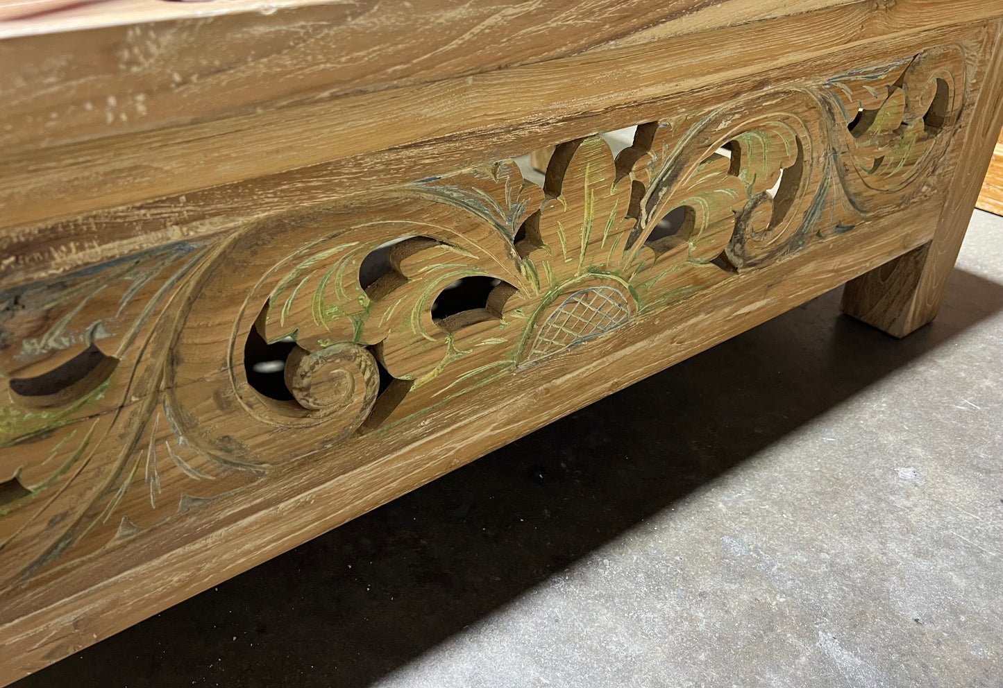 Teak Carved coffee Table Natural cream wash colour detail in carving