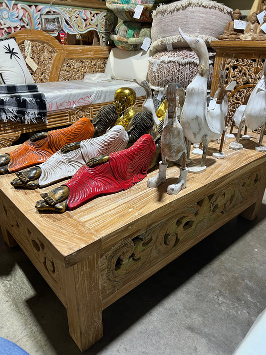 Teak Carved coffee Table Natural cream wash colour detail in carving