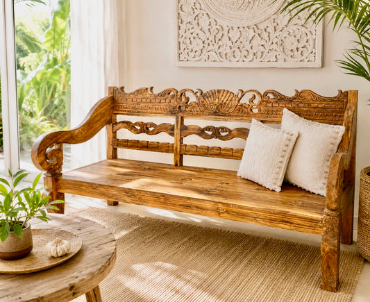Mas Java refurbished Original  Teak Hand Carved Day Bench / Daybed (Natural)