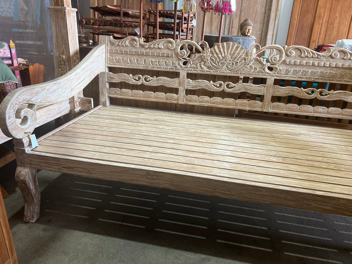 Mas Java refurbished Original  Teak Hand Carved Daybed Creamwash