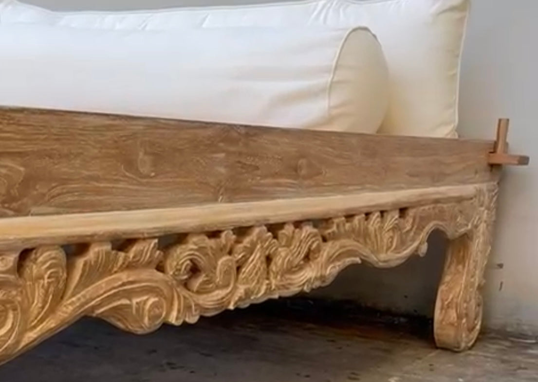 Mas Kartini Queen Handcarved  Recycled Teak Bed base / Daybed platform   (cream wash)