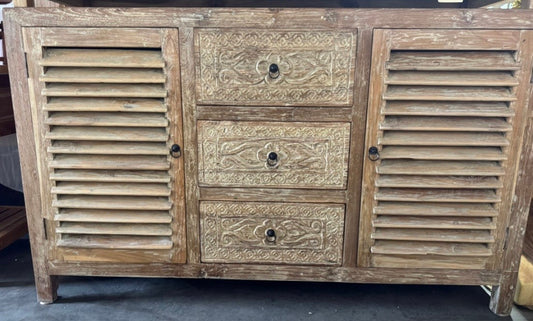 Mas Recycled Teakwood Sideboard / Cabinet with 3 hand carved drawers 2 Louvre doors 150cm length