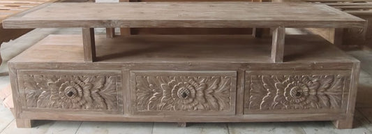 Teak Low TV  cabinet 180cm (Creamwash)  3 carved drawers