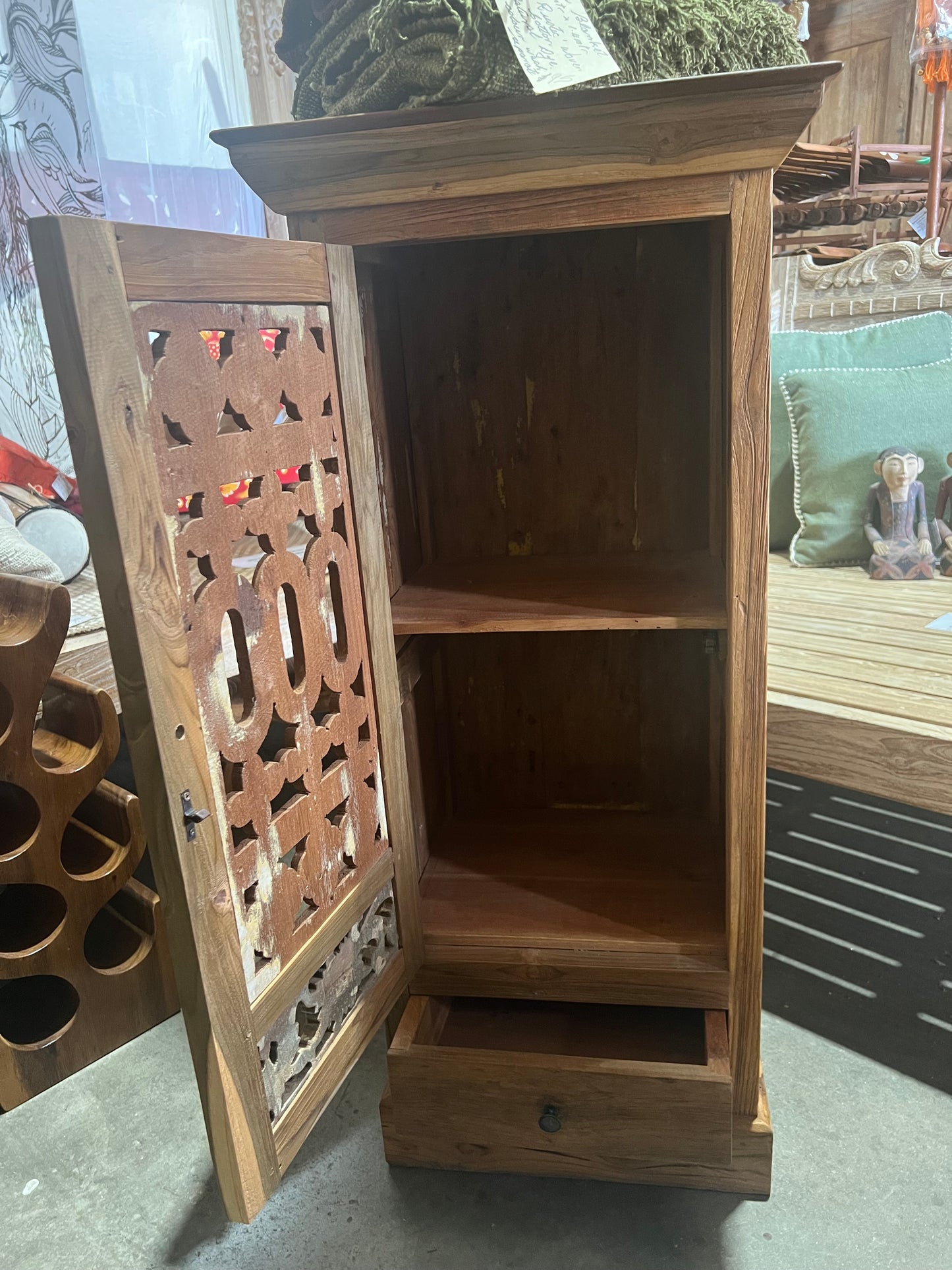 Mas Recycled  Teakwood 105cmh x48cmw x 37cmd hand carved narrow cabinet