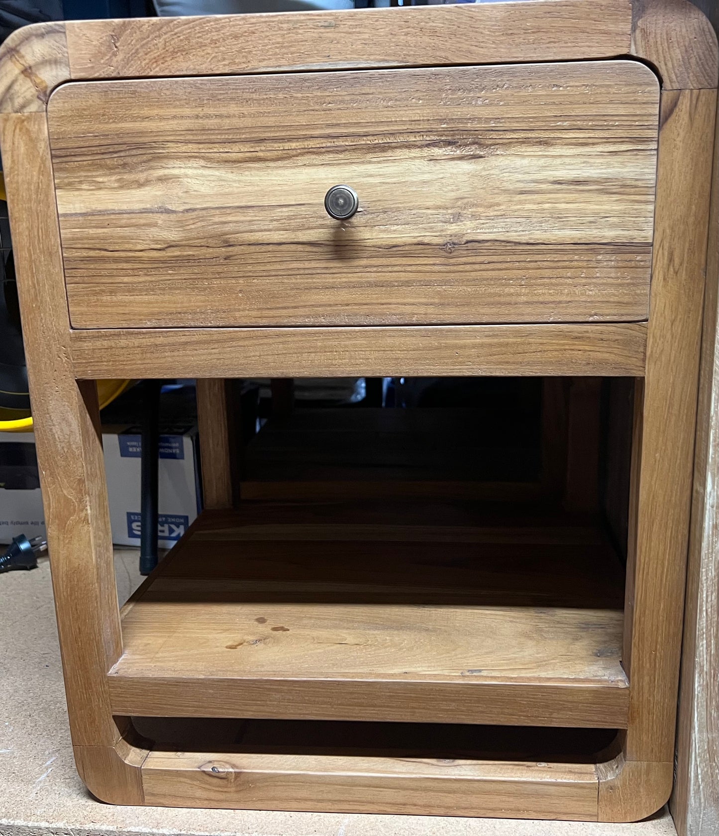 Bedside Recycled Teak Cabinet Drawer and shelf oval corners  Natural finish