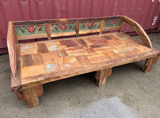Mas Recycled Teak Daybed, plough arms, hand painted back panels