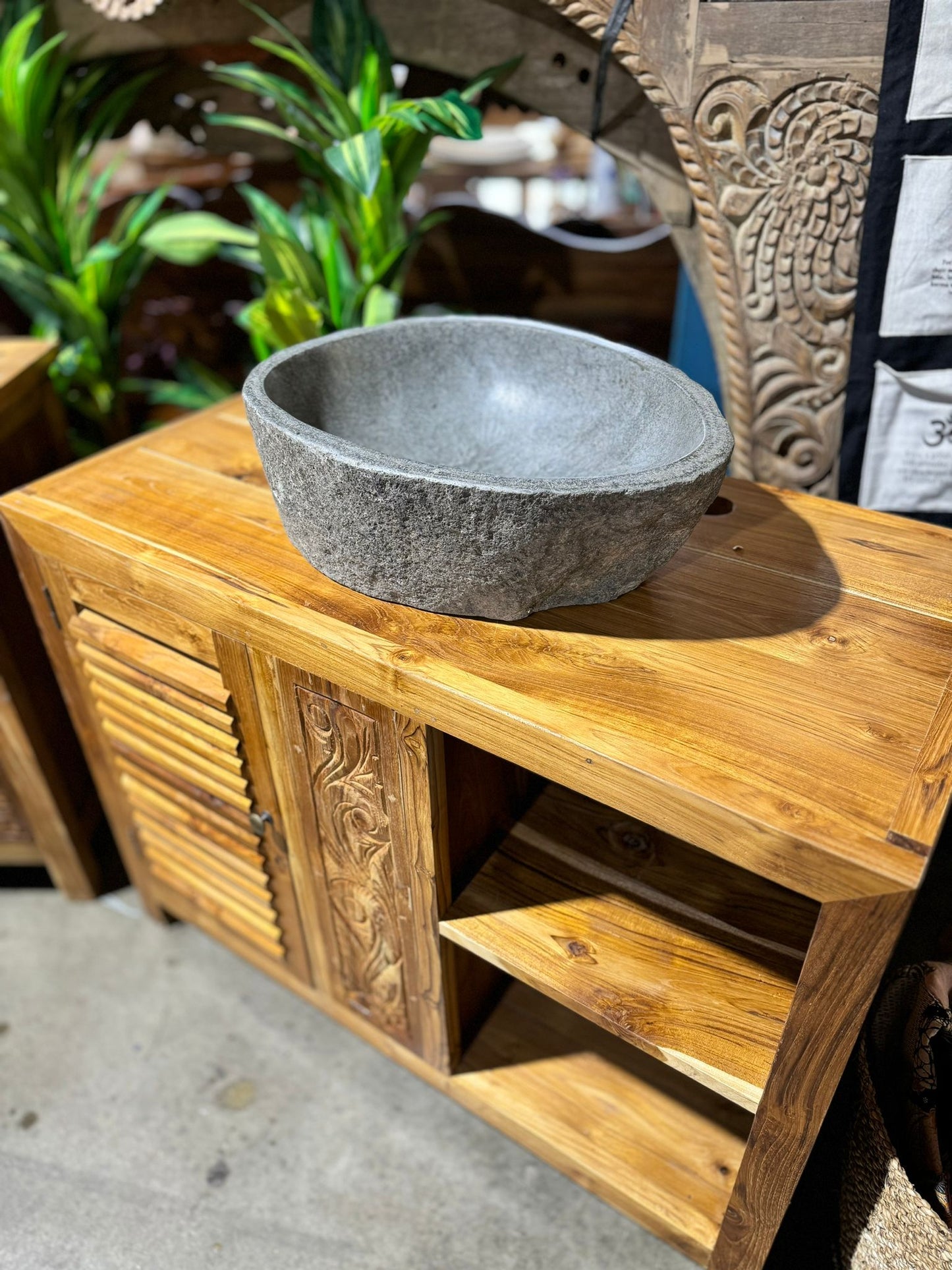 Mas Recycled Teak Vanity Cabinet 100cm wide with carved panel 1 door. shelving