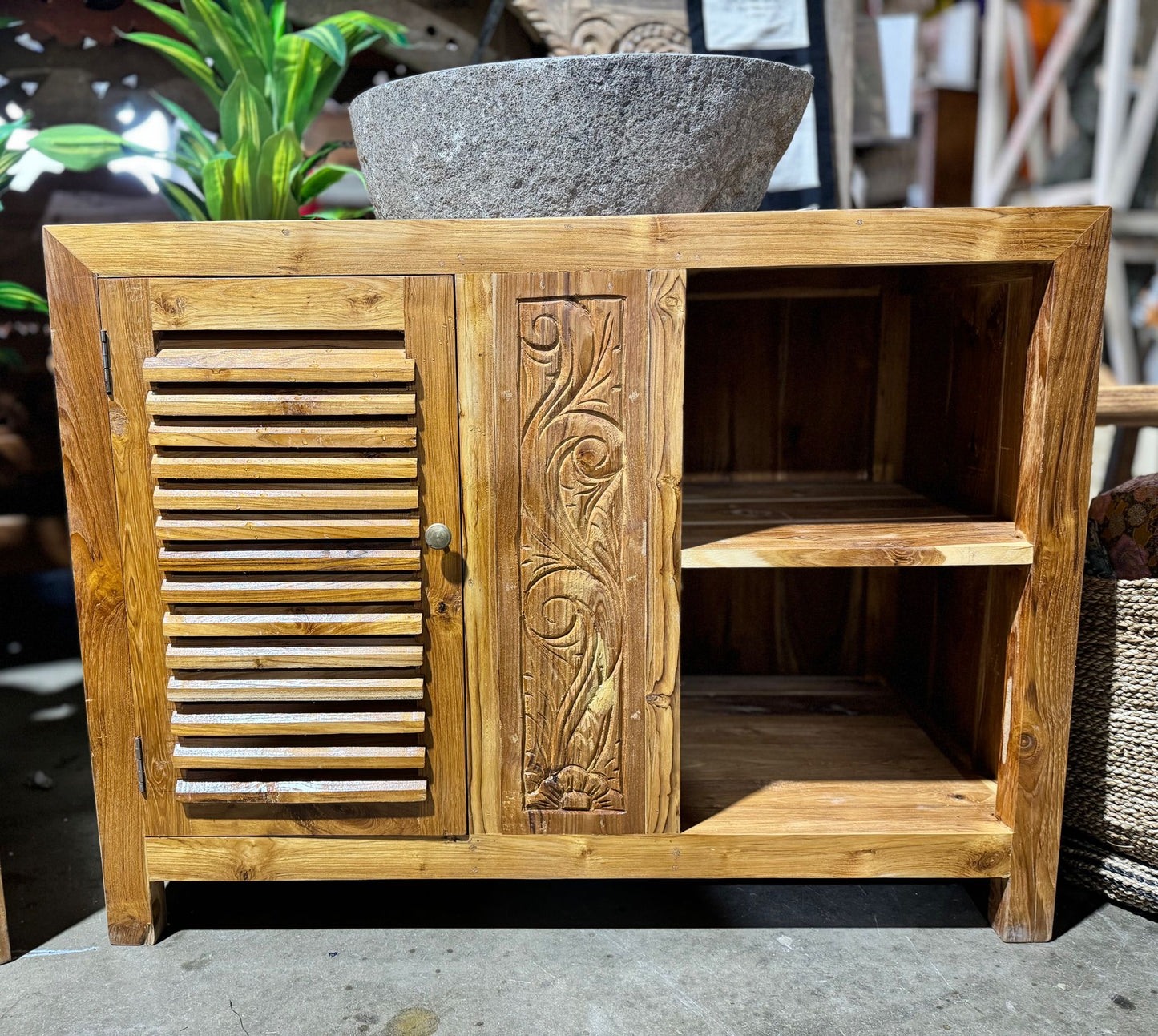 Mas Recycled Teak Vanity Cabinet 100cm wide with carved panel 1 door. shelving