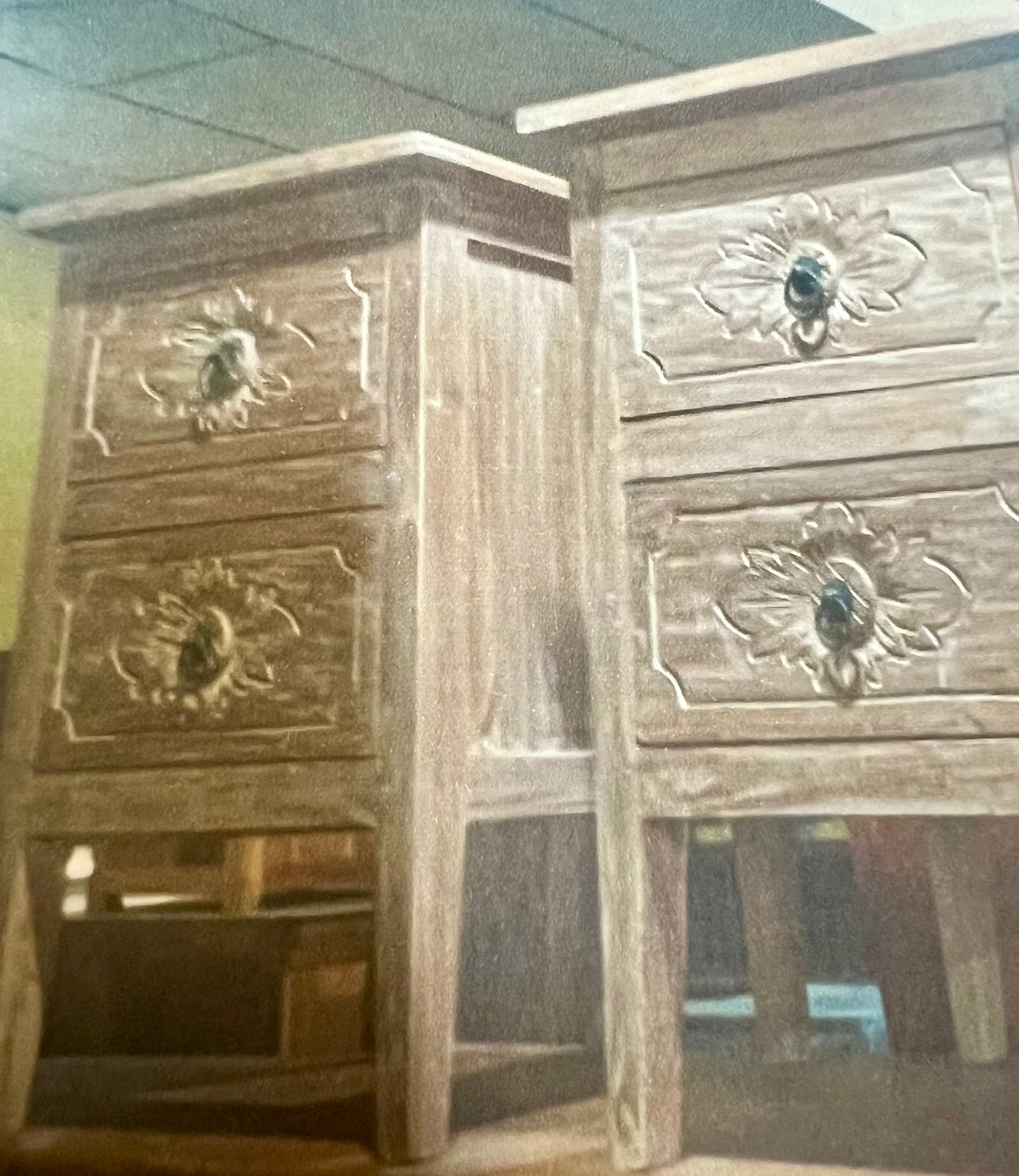 Bedside Cabinet Mas Recycled Teak 2 Hand Carved Drawer Creamwash  60cmht